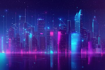 Fototapeta premium Smart City Concept at Night: IoT, Metaverse Connectivity, and Information Technology with Gradient Grid Design.
