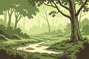 Fototapeta premium A lush forest glade bathed in soft sunlight, a small pond at its center reflecting the trees, and the air filled with the scent of fresh earth