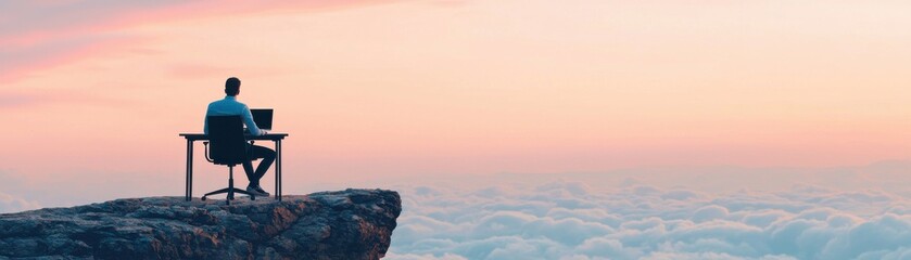 Obraz premium A person sits at a desk on a cliff, gazing at a colorful sky above a sea of clouds, symbolizing solitude and inspiration.