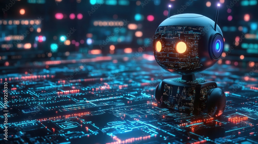 Aufkleber 3D rendering of an AI chatbot linked to a computer processing unit, with glowing circuits and digital data flowing between them.