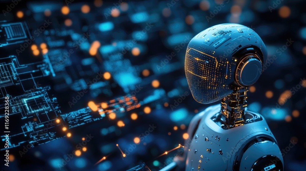 Aufkleber 3D rendering of an AI chatbot linked to a computer processing unit, with glowing circuits and digital data flowing between them.