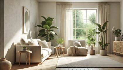 Tranquil Living Room: A serene living space bathed in warm sunlight, featuring a cozy sofa, lush houseplants, and a large window overlooking a verdant garden.