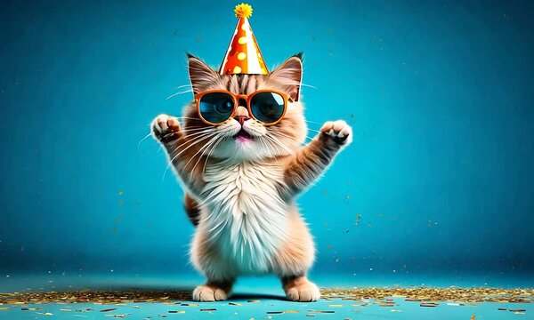 Cute Cartoon Dancing Birthday Cat on a Blue Background