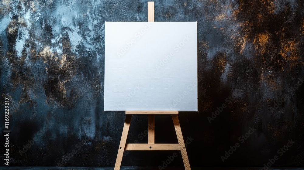 Poster a blank white canvas on a small wooden easel, contrasting with a dark backdrop, perfect for showcasi