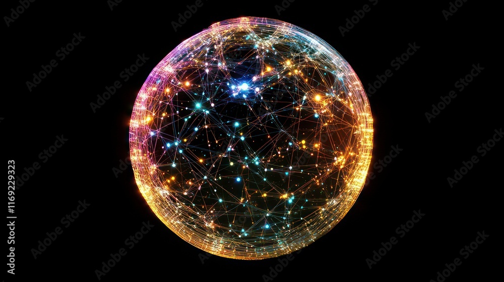 Poster glowing sphere with interconnected nodes representing global network.