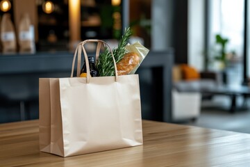 A brown paper shopping bag filled with various groceries highlights a commitment to sustainability and conscious consumerism, conveying warmth and practicality.
