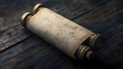 Antique parchment scroll unfurled on a dark wood surface. Parchment. Illustration