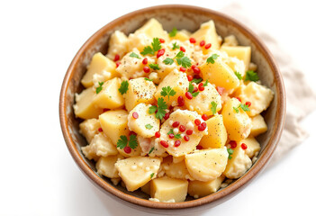 A photo of a bowl of creamy potato salad isolated on white background