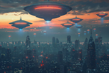 Iron oval UFO saucer hovering over beautiful landscape in deep dramatic sky, abstract vivid composition consists of fictional unreal fantastic vision on background