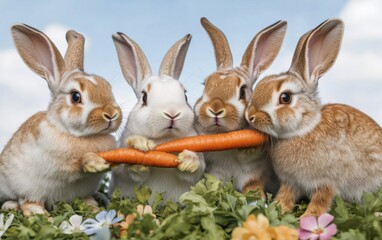 Fototapeta premium Four Colorful Rabbits Sharing a Carrot in a Lush Green Field Surrounded by Wildflowers and a Bright Blue Sky