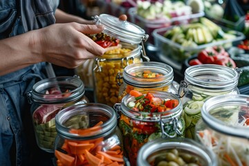 A person is reaching into a jar of food