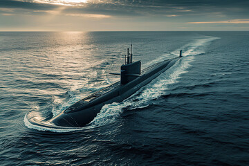 Beautiful large submarine floating in middle of deep ocean during mission, abstract vivid composition consists of fictional unreal fantastic vision on background
