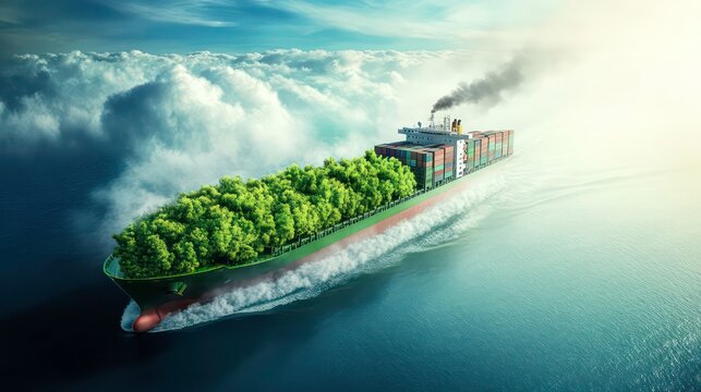 Container ship green Leave. green transportation industry eco shipping for sustainable energy saving environmental low carbon. Express Cargo Container Ship with contrail in the ocean