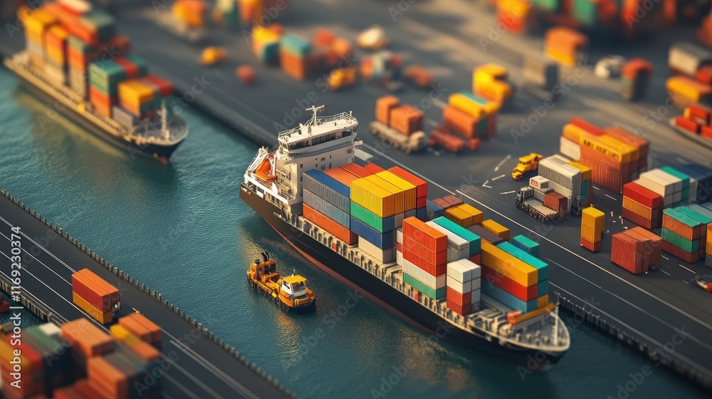 Poster a busy logistics network with a cargo ship and trucks transporting goods, symbolizing the global exp