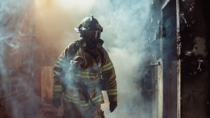 Portrait of a firefighter in uniform and helmet standing in front of a burning building