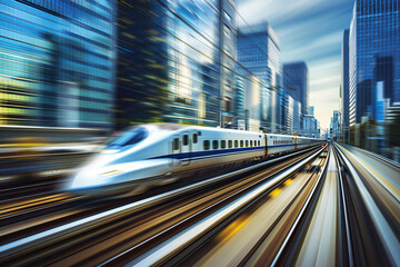 Modern big high-speed train in fast motion passes through railway stations, abstract vivid composition consists of fictional unreal fantastic vision on background
