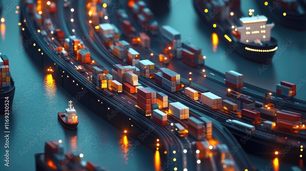 Poster a busy logistics network with a cargo ship and trucks transporting goods, symbolizing the global exp