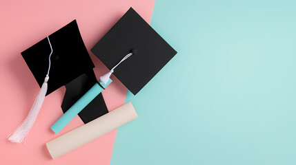 Minimalistic graduation caps and diplomas on pastel background. Parchment. Illustration