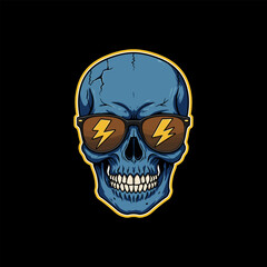 A stylized blue skull with cracked texture is depicted wearing sunglasses with lightning bolt designs.