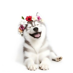 Fototapeta premium Isolated Happy Flower Husky Dog Canine Pet portrait