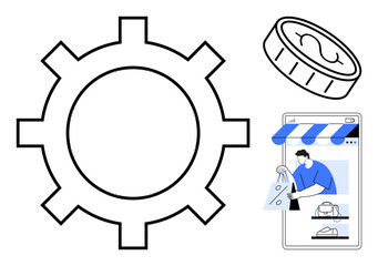 Black and white gear outlines, coin, online shopping on a smartphone with blue accents suggesting mechanics, finance, and digital commerce. Ideal for tech, finance, business, innovation e-commerce
