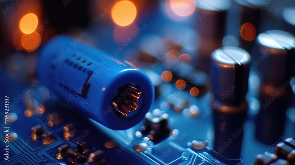 Poster a close-up of a blue audio jack on a circuit board, highlighting intricate electronic components and