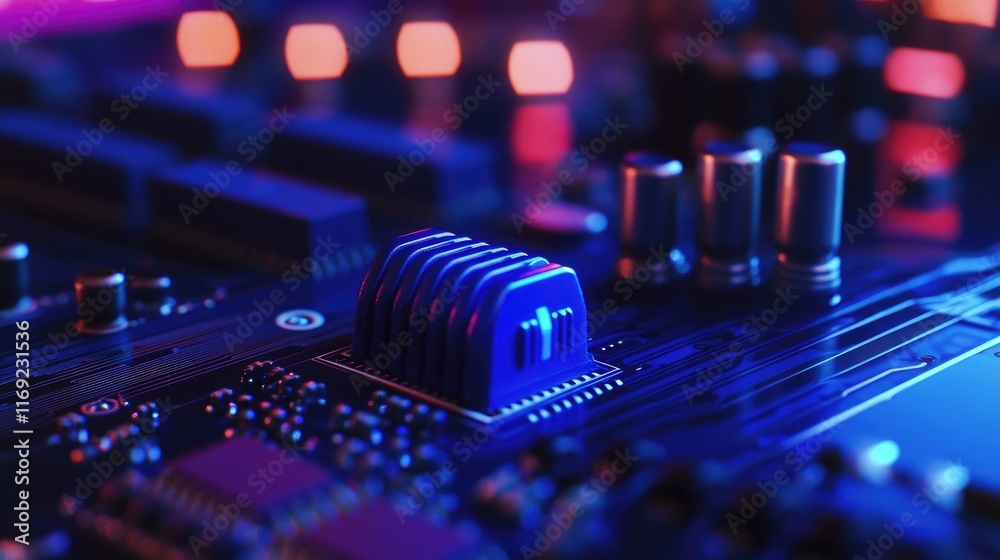 Poster a close-up of a blue audio jack on a circuit board, highlighting intricate electronic components and
