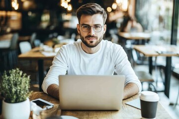 Focused Caucasian Man Working on Laptop in Cafe