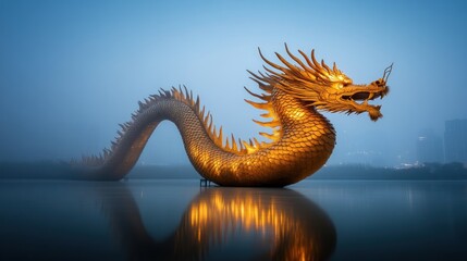 Fototapeta premium Majestic dragon sculpture urban waterfront digital art foggy environment low angle fantasy concept