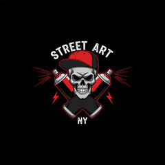 A stylized skull wearing a cap is depicted with crossed spray paint cans this represents street art from New York.