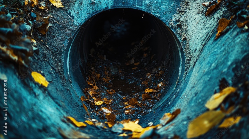 Poster a close-up of a clogged sewer pipe with visible debris inside, representing plumbing issues and the 