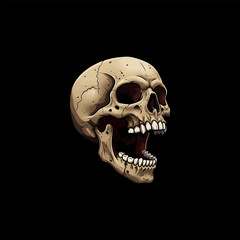 A detailed illustration of a human skull with blood, open mouth, and teeth against a black background.