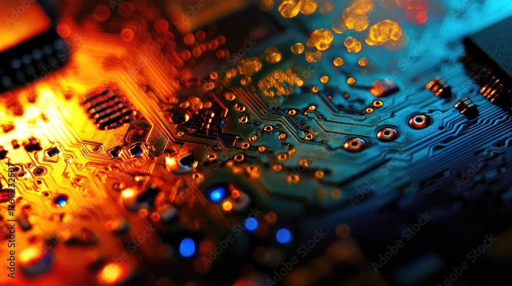 Poster A close-up of a microchip on a circuit board, illuminated with a vibrant blue and gold glow, highlighting the intricate electronic components.