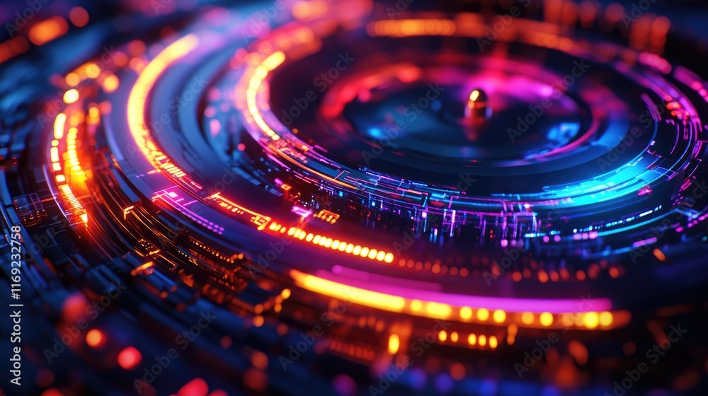 Poster a close-up of a vibrant turntable with a glowing, circuit-like background, representing the synergy 