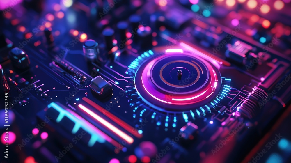 Poster a close-up of a vibrant turntable with a glowing, circuit-like background, representing the synergy 