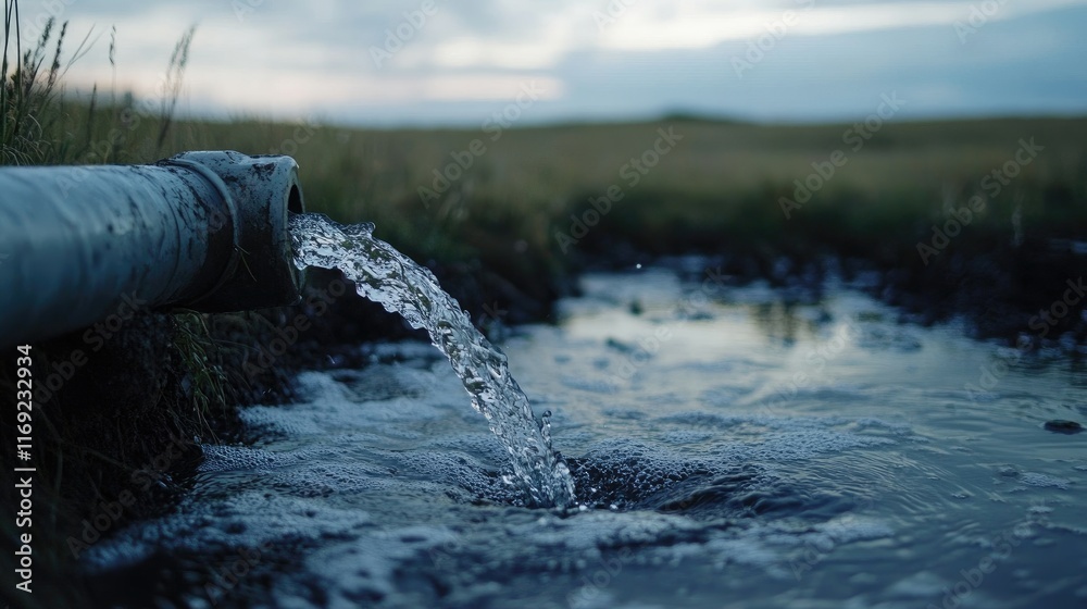 Poster a close-up of a water pipe in an open field, with clean water flowing, representing the importance o