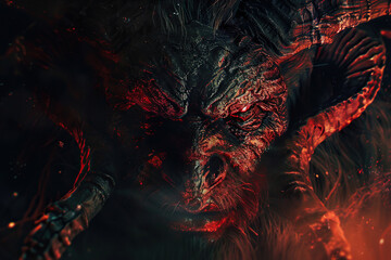 Scary sinister devil is in hell with dramatic bright fire lighting, abstract vivid composition consists of fictional unreal fantastic vision on background
