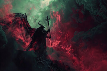 Scary sinister devil is in hell with dramatic bright fire lighting, abstract vivid composition consists of fictional unreal fantastic vision on background