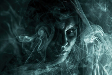 Fototapeta premium Scary sinister zombie wandering in street with dramatic lighting on Halloween, abstract vivid composition consists of fictional unreal fantastic vision on background