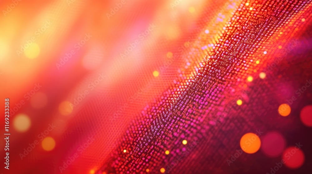 Poster A close-up of computer code in vibrant red and orange, digital data processing on a screen with a blurred bokeh effect in the background.