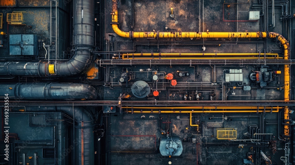 Poster a close-up of gas pipelines and a compressor station, highlighting carbon processing and industrial 