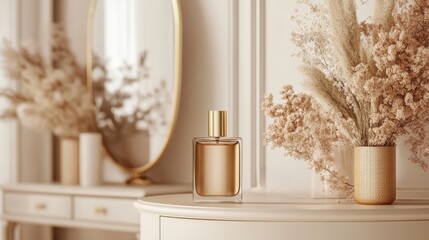 A serene vanity scene featuring a perfume bottle and dried floral arrangements.