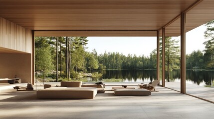Fototapeta premium Modern living space with lake view and natural surroundings.