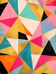 Kaleidoscopic pattern of overlapping triangles, pastel and gold accents