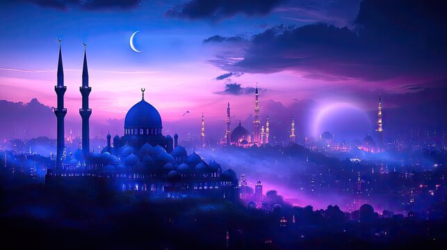 A breathtaking nightscape of a mystical city illuminated by a crescent moon with majestic mosques. Ideal for fantasy or Ramadan-themed projects.