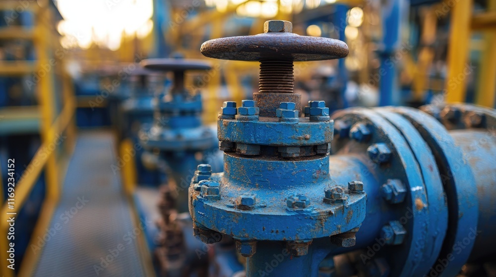 Poster a close-up of steel pipelines with valves and electrical cables, situated in an industrial factory w
