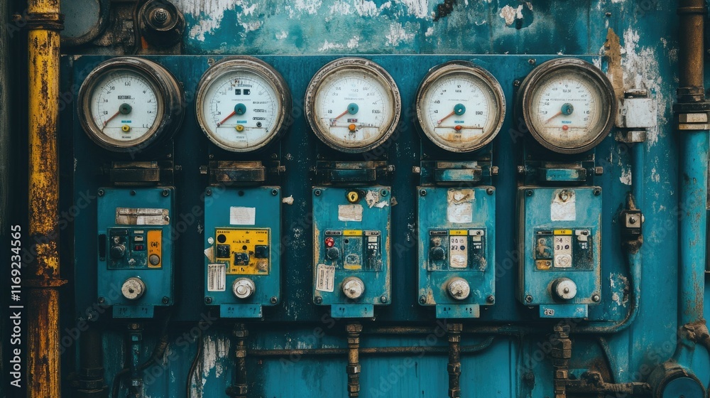 Poster A close-up shot of a gas meter array with multiple meters on a panel, measuring energy consumption in an industrial or residential setting.