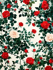 Seamless floral pattern featuring blooming roses, vines, and lush greenery