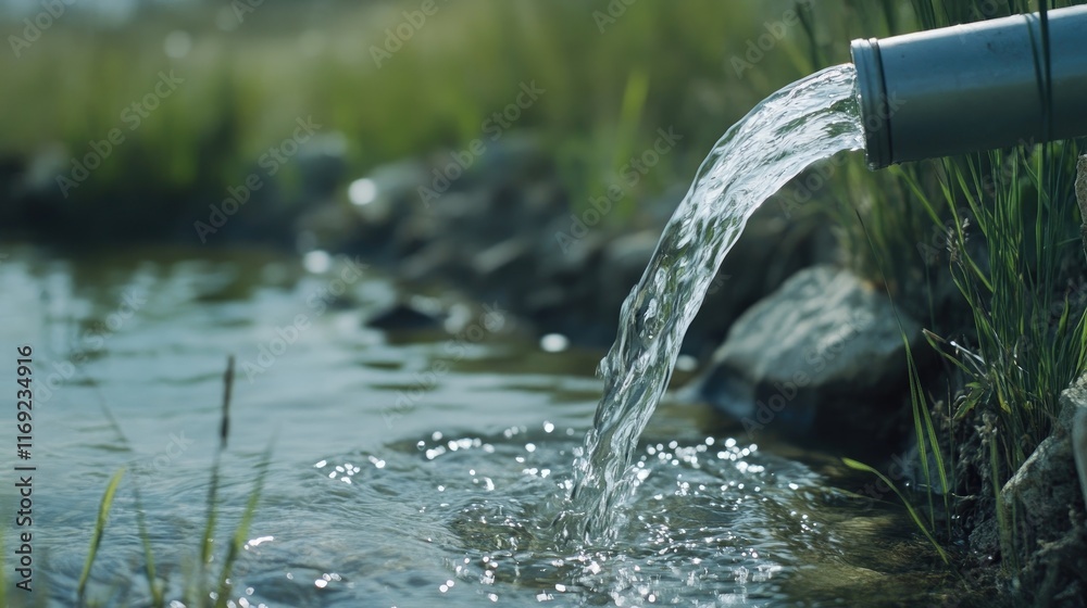 Aufkleber a close-up shot of clear water flowing from a pipe in a field, emphasizing environmental responsibil