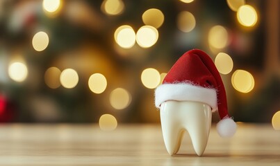 Fototapeta premium Tooth wearing Santa hat, festive holiday spirit, blurred Christmas lights background, dental theme, cheerful decoration